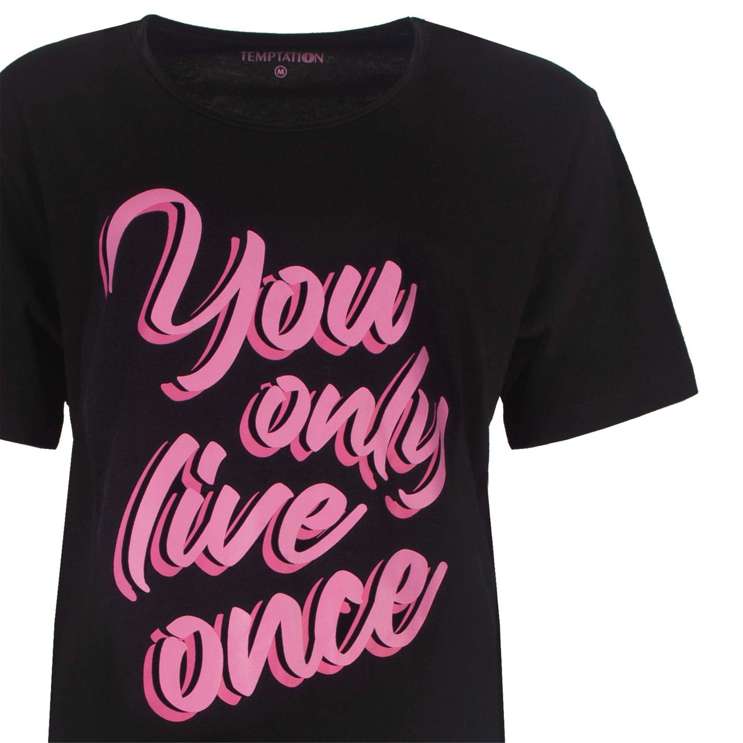 Zwart nachthemd met roze opdruk 'You only live once' op de voorkant, korte mouwen,onde hals
