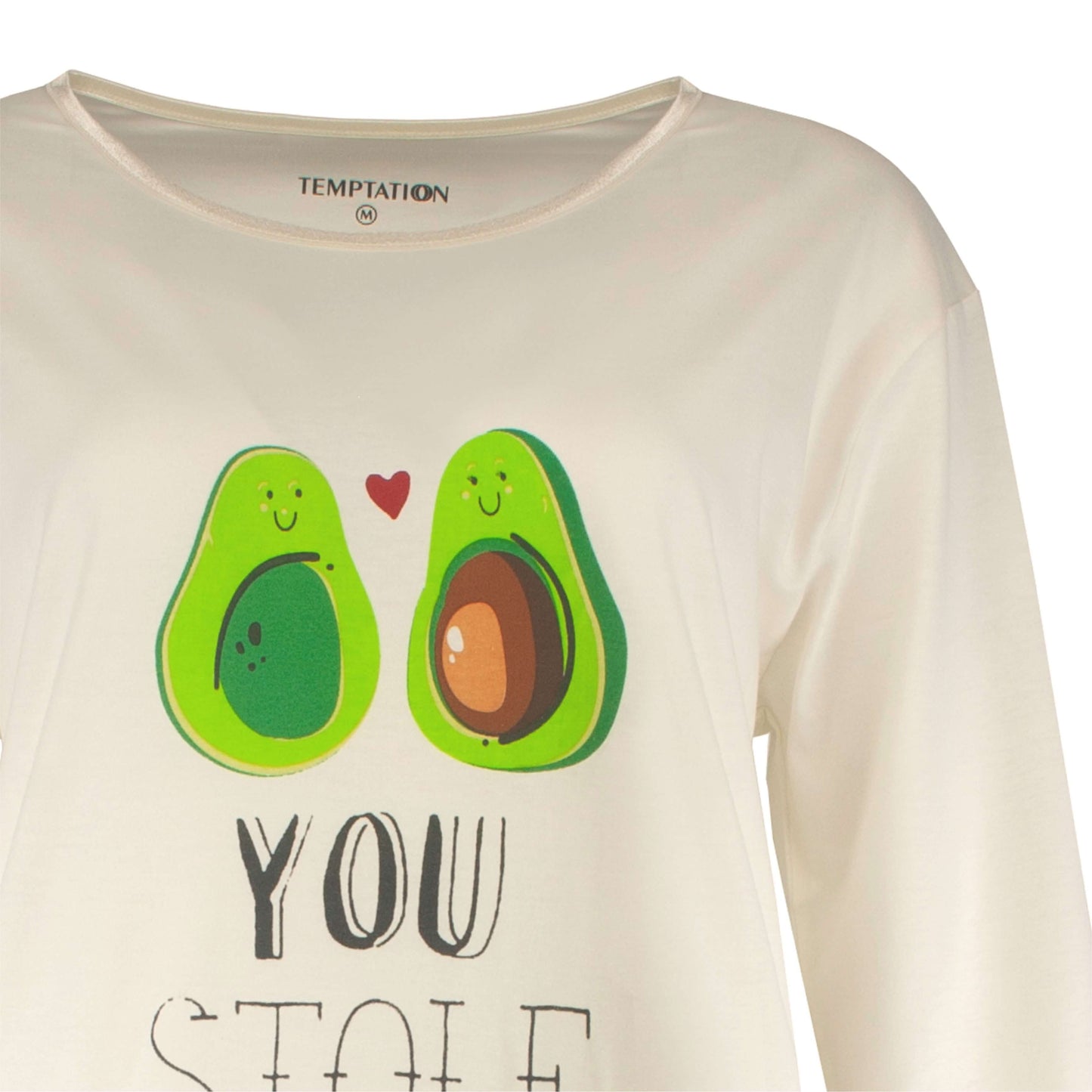 Wit nachthemd met lange mouwen en grappige avocado-print op de borst, met de tekst 'You Stole'
