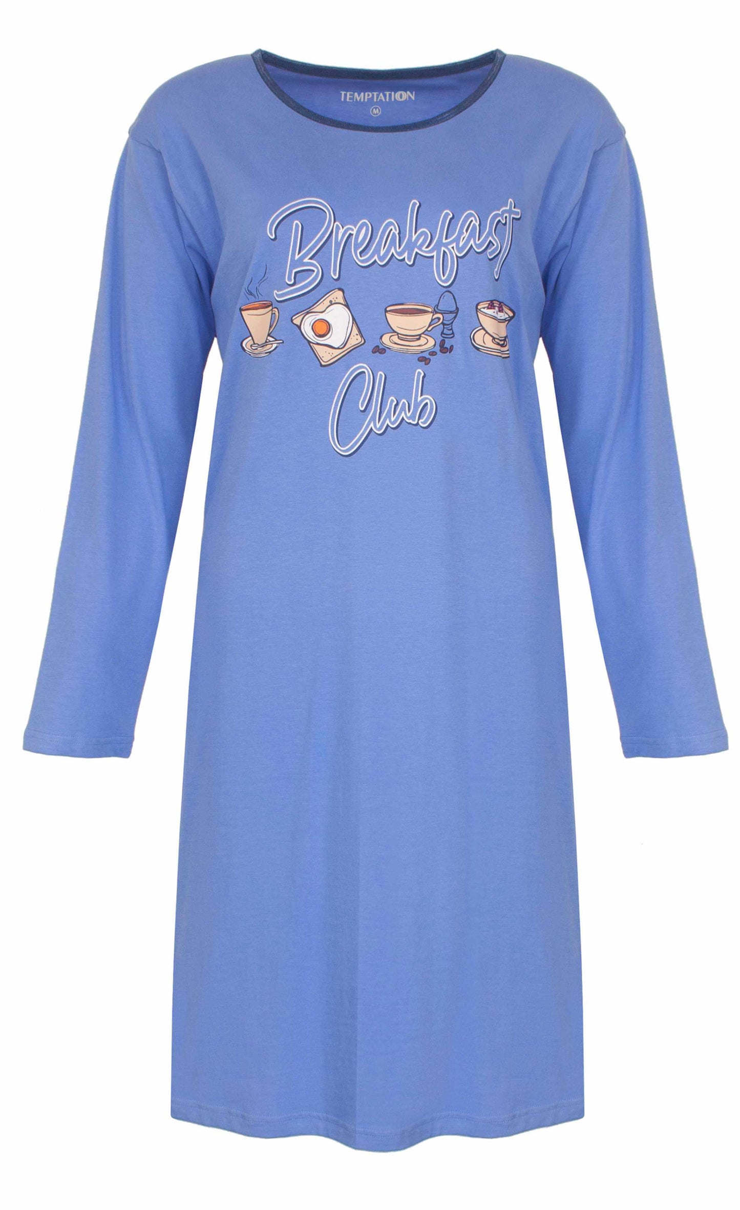 Blauw nachthemd met lange mouwen en 'Breakfast Club' opdruk, inclusief afbeeldingen van koffie en toast