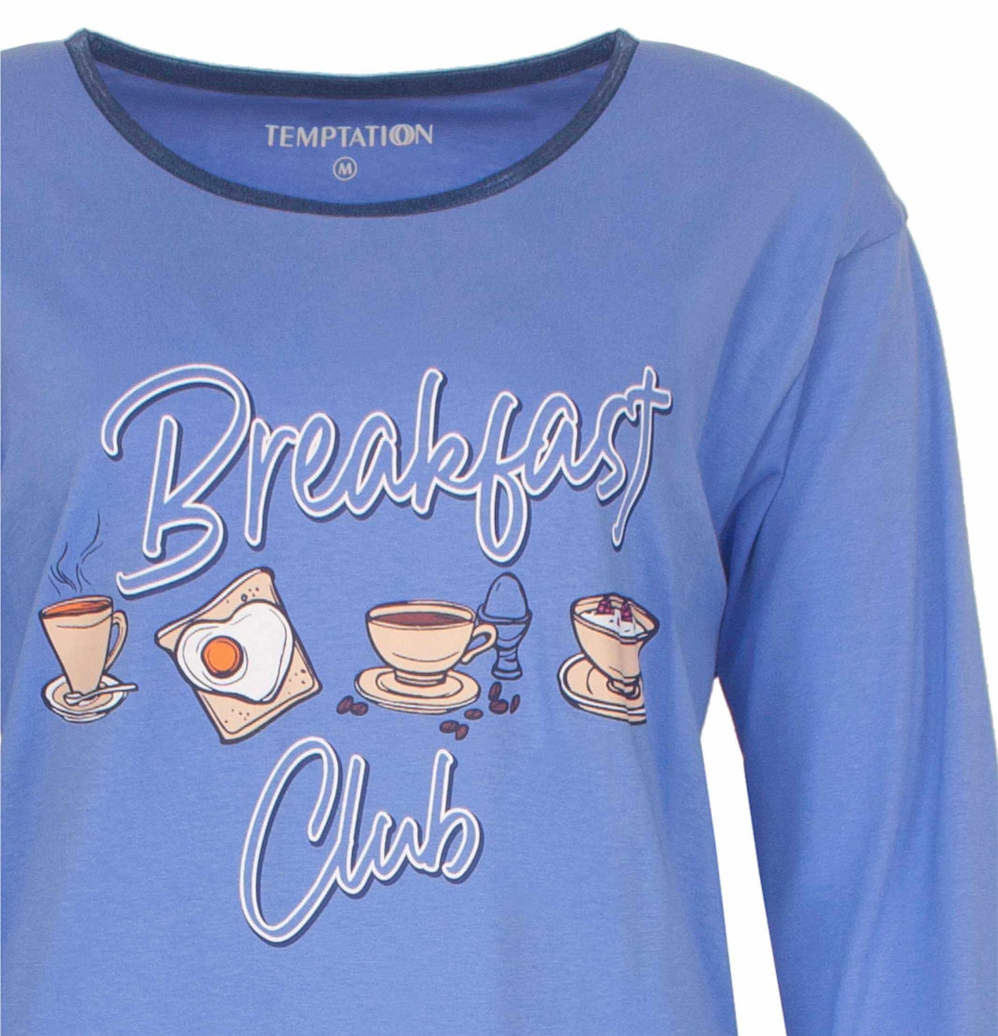 Blauw nachthemd met 'Breakfast Club' opdruk, afbeeldingen van koffie, ei en ontbijtgerechten