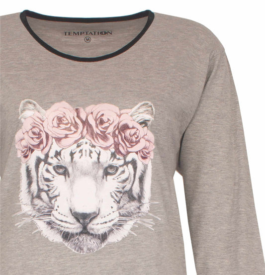 Grijs dames nachthemd met print van tijgerkop en roze rozen, merk Temptation, ronde hals met zwarte bies