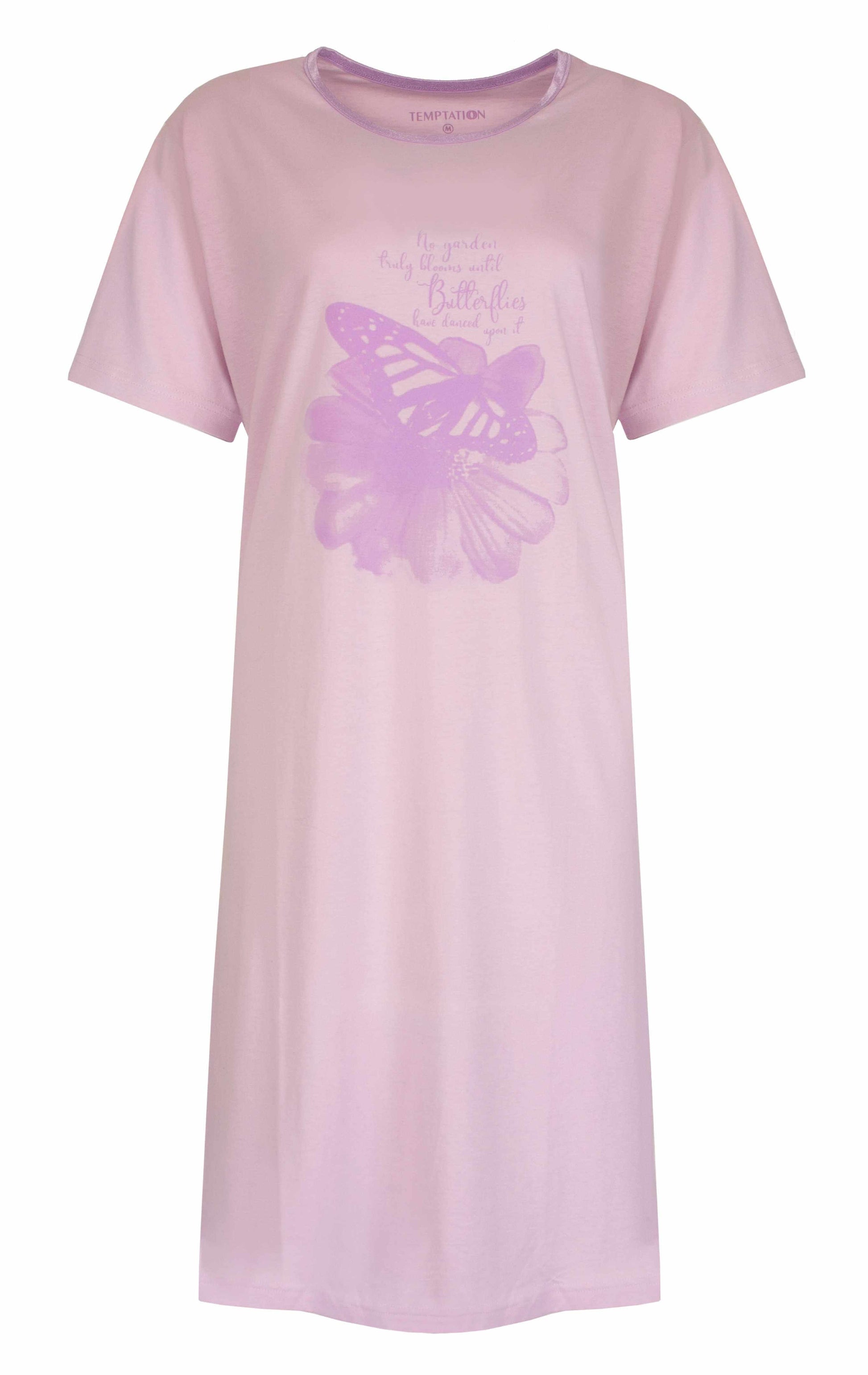 Lichtpaars nachthemd met korte mouwen, versierd met een paarse vlinder en bloem print op de voorkant.