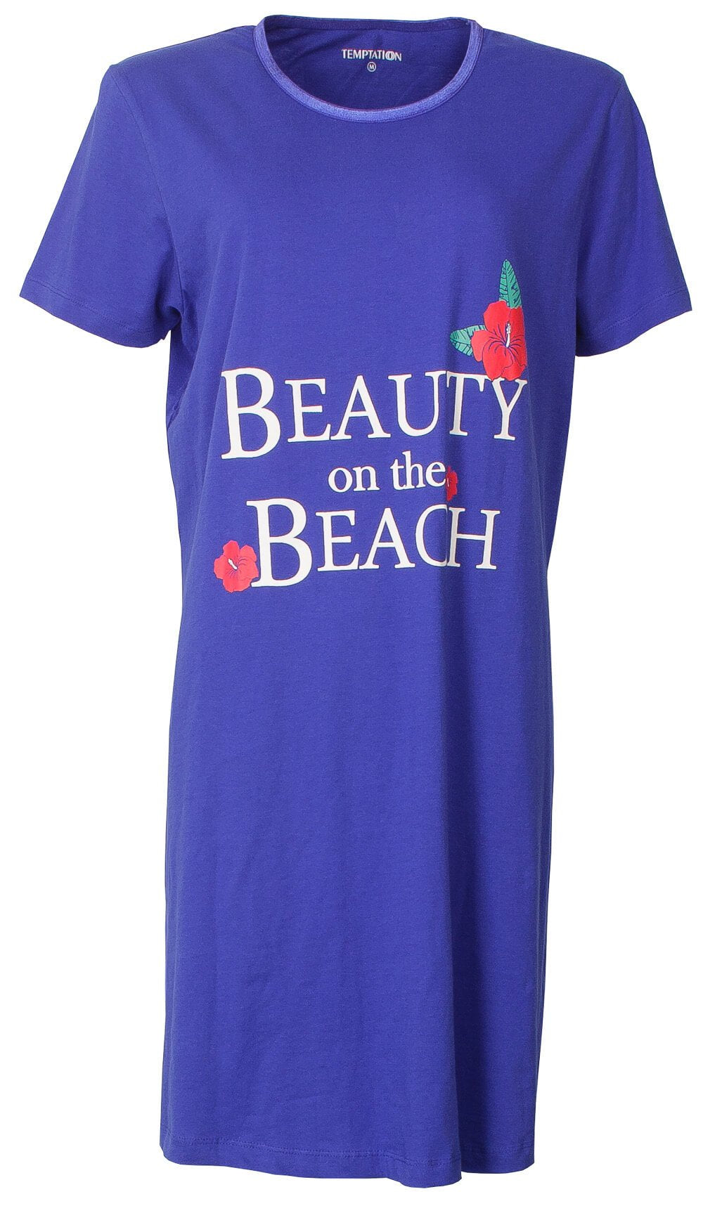 Kobaltblauw nachthemd met 'Beauty on the Beach' tekst en rode bloemen, korte mouwen en ronde hals