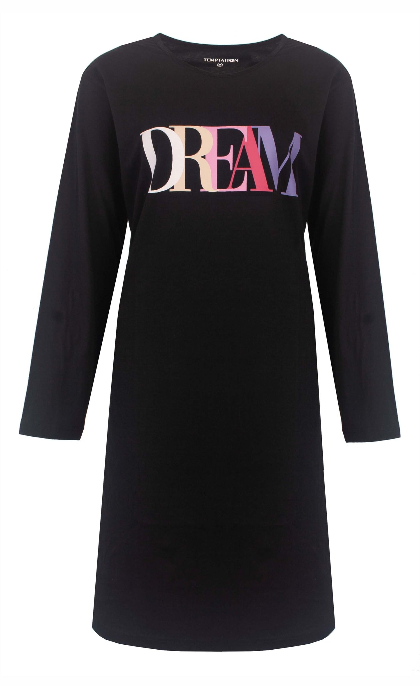 Zwart nachthemd met lange mouwen en 'DREAM' opdruk in verschillende kleuren op de voorkant