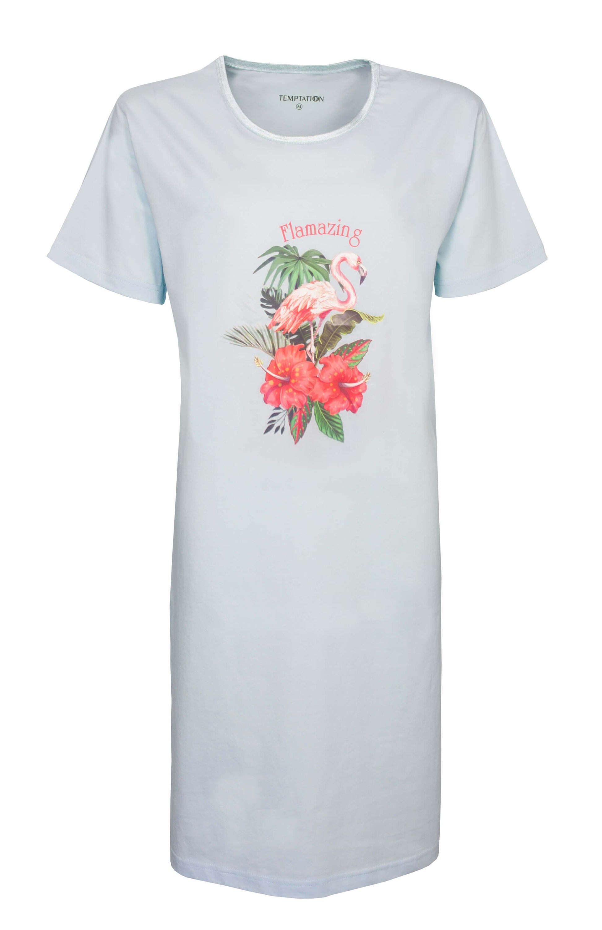 Lichtblauw nachthemd met 'Flamazing' opdruk, flamingo en tropische bloemen. De voorkant