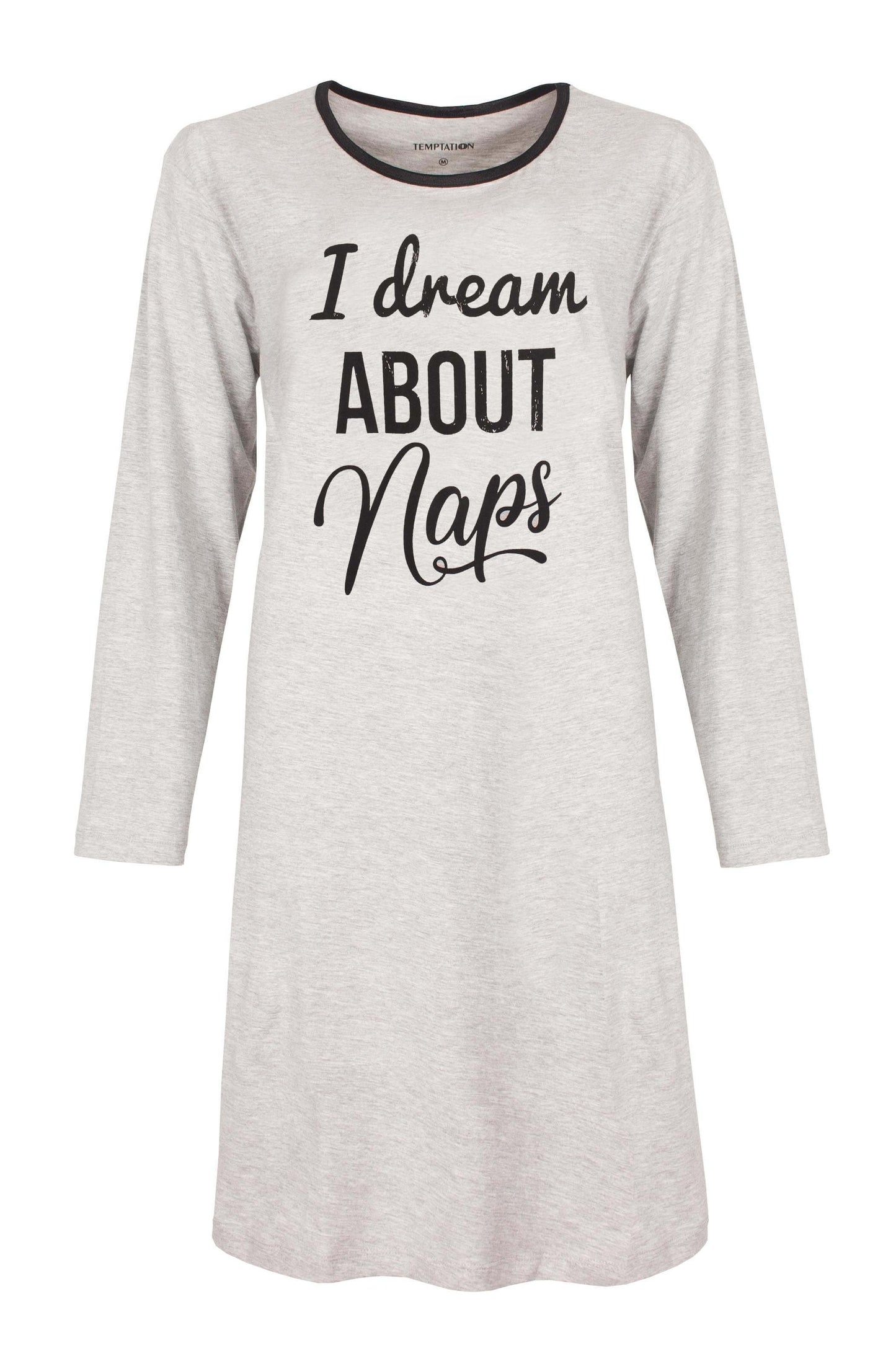 Lichtgrijs lang nachthemd met zwarte tekst 'I dream ABOUT Naps' en lange mouwen, gemaakt van katoen en polyester.