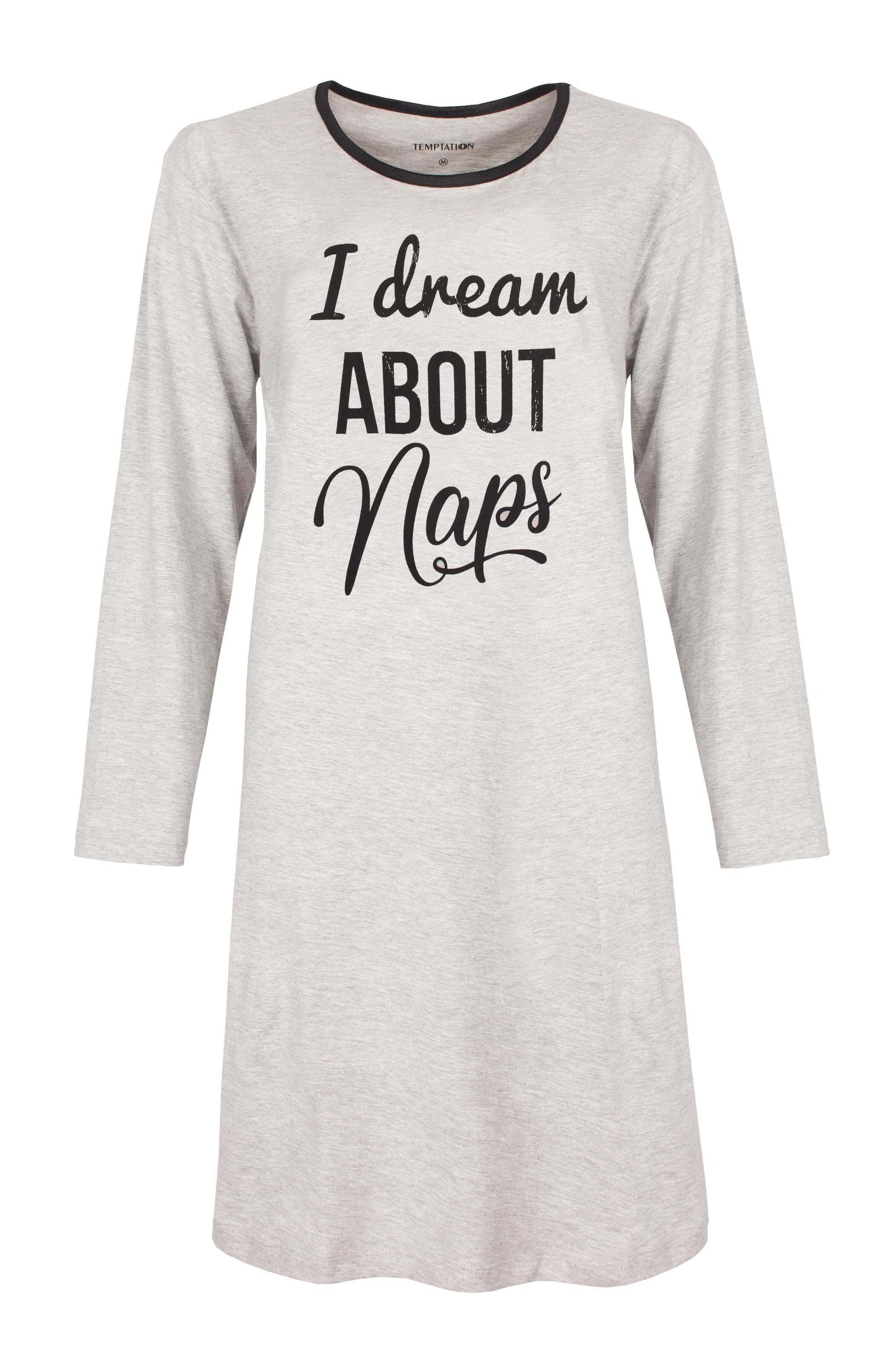 Lichtgrijs lang nachthemd met zwarte tekst 'I dream ABOUT Naps' en lange mouwen, gemaakt van katoen en polyester.