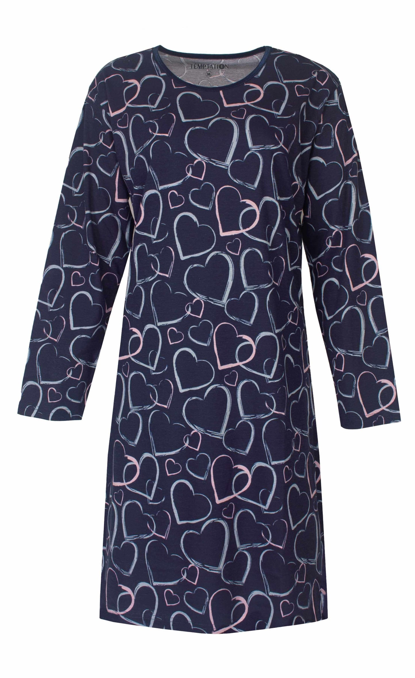 Donkerblauw nachthemd met lange mouwen, versierd met lichtblauwe en roze hartjespatronen over het hele kledingstuk.