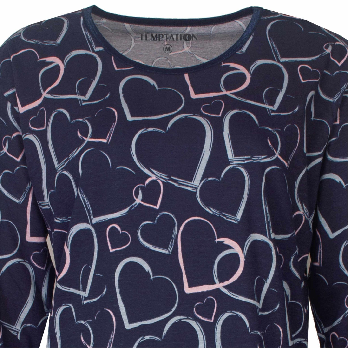 Donkerblauw nachthemd met lange mouwen, bedrukt met lichtroze en lichtblauwe hartjes in verschillende formaten