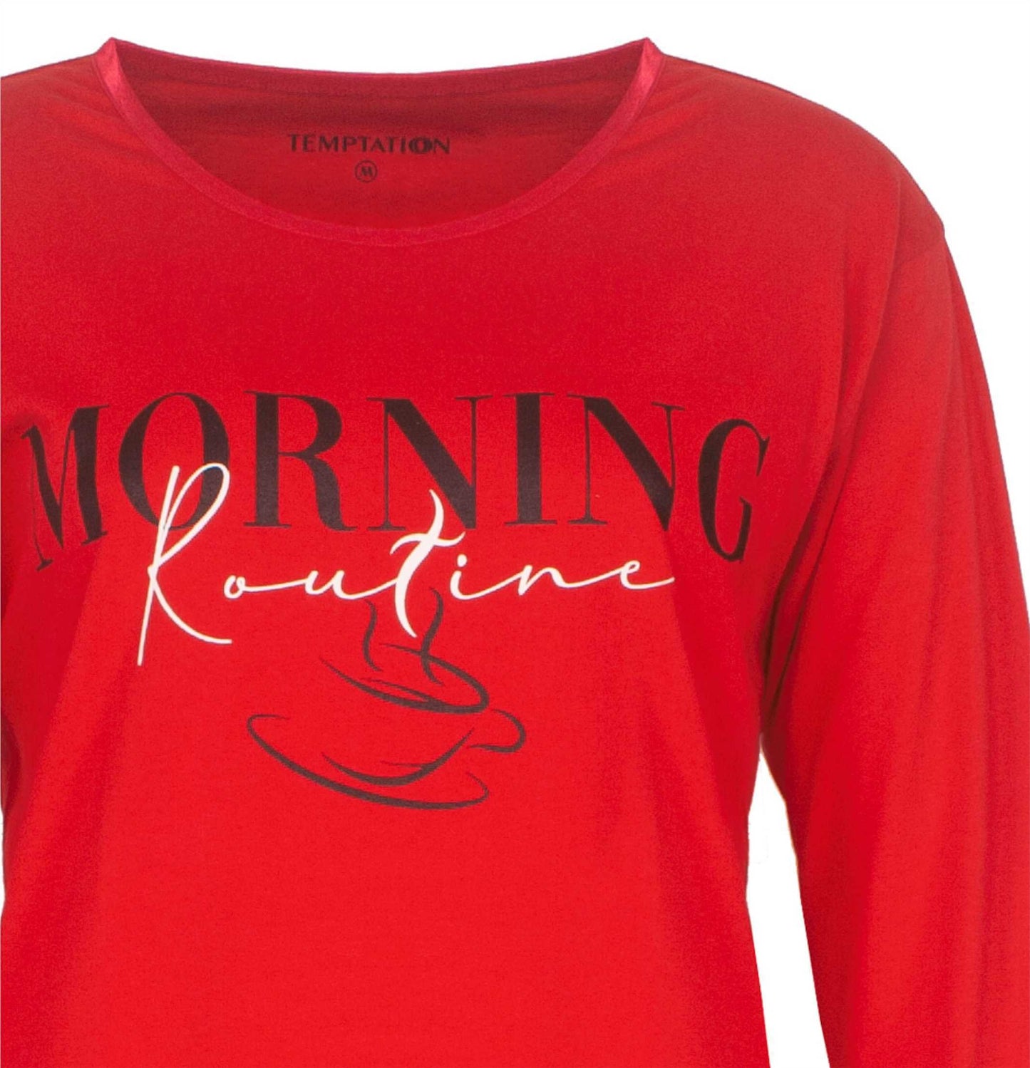 Rood nachthemd met 'Morning Routine' tekst en koffiekopje print, lange mouwen en ronde hals