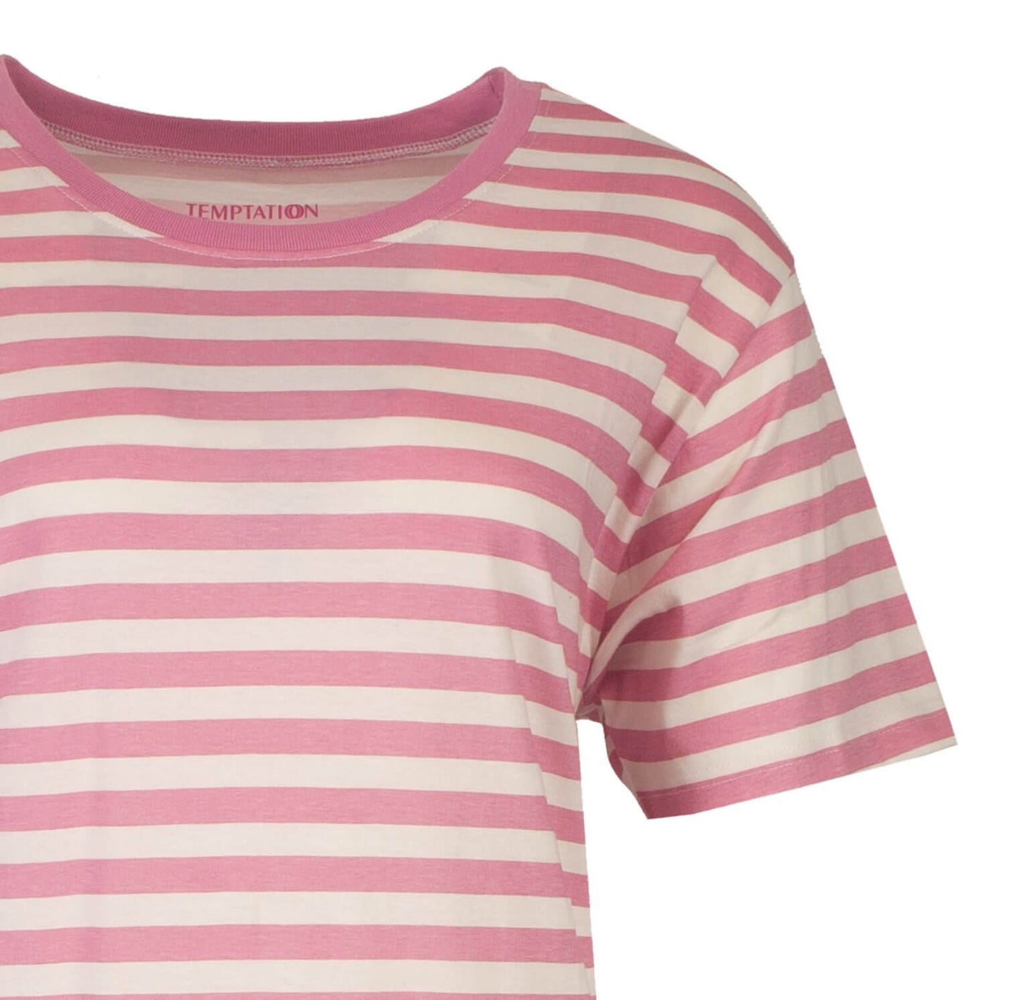 Roze en wit gestreept dames nachthemd met korte mouwen, merk Temptation zichtbaar op de hals