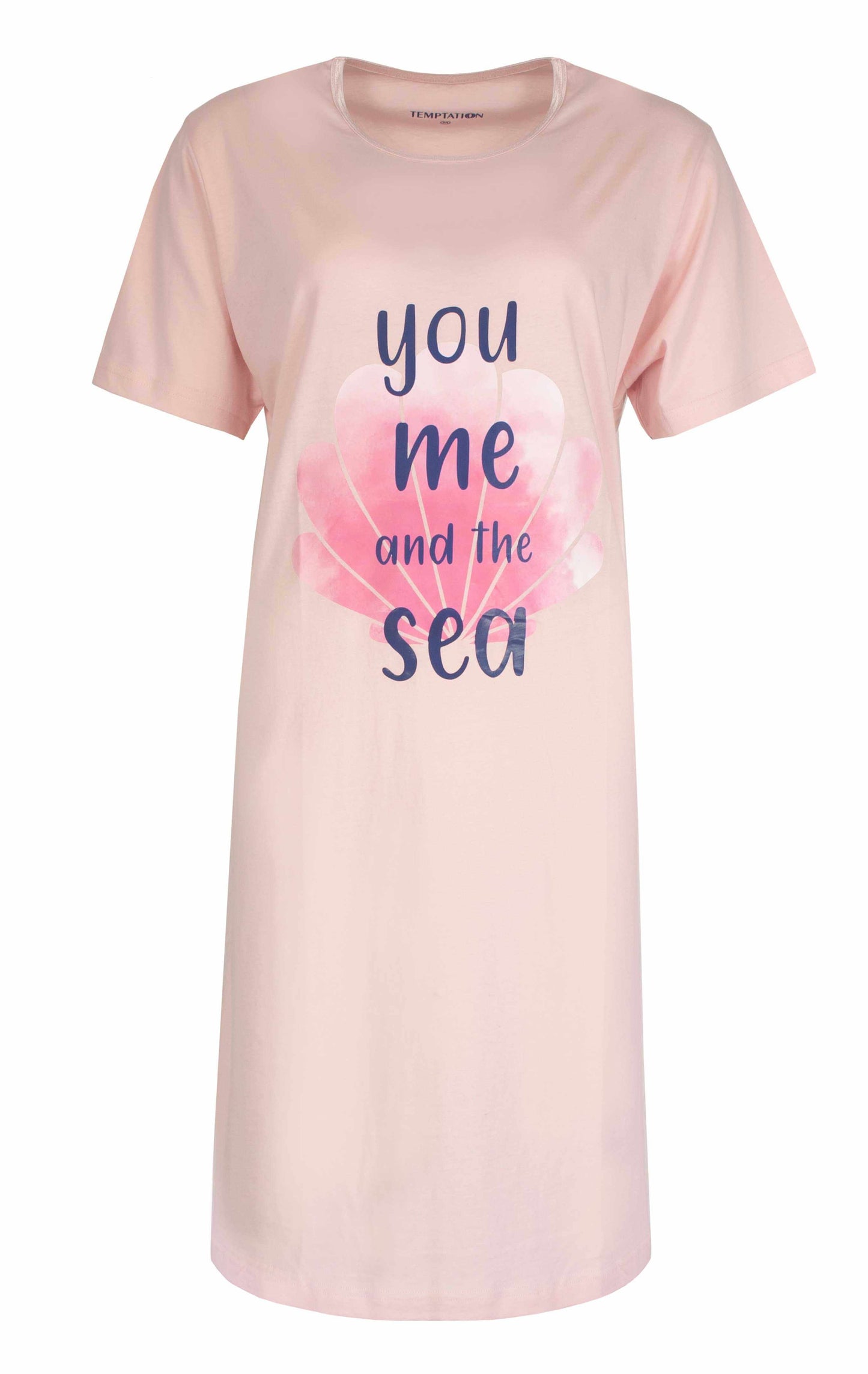 Roze nachthemd met korte mouwen en opdruk 'you me and the sea' in hartvormige schelp