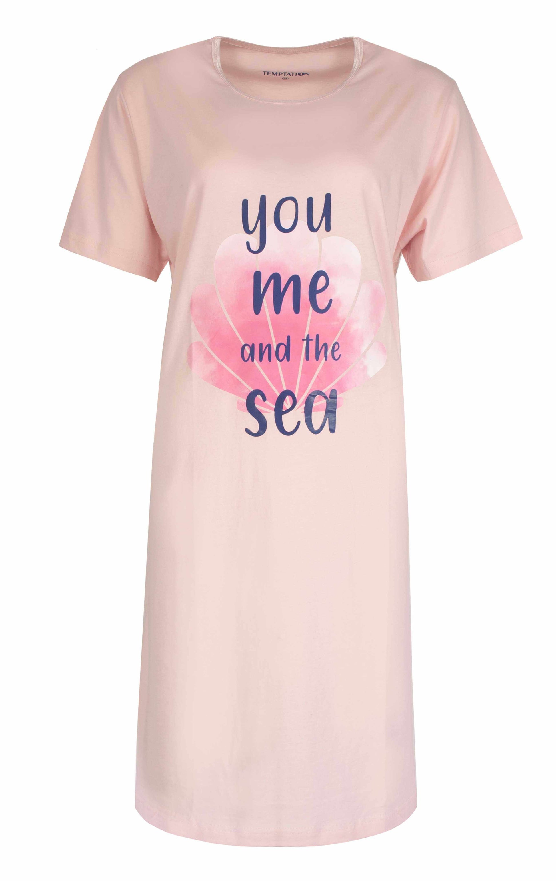 Roze nachthemd met korte mouwen en opdruk 'you me and the sea' in hartvormige schelp