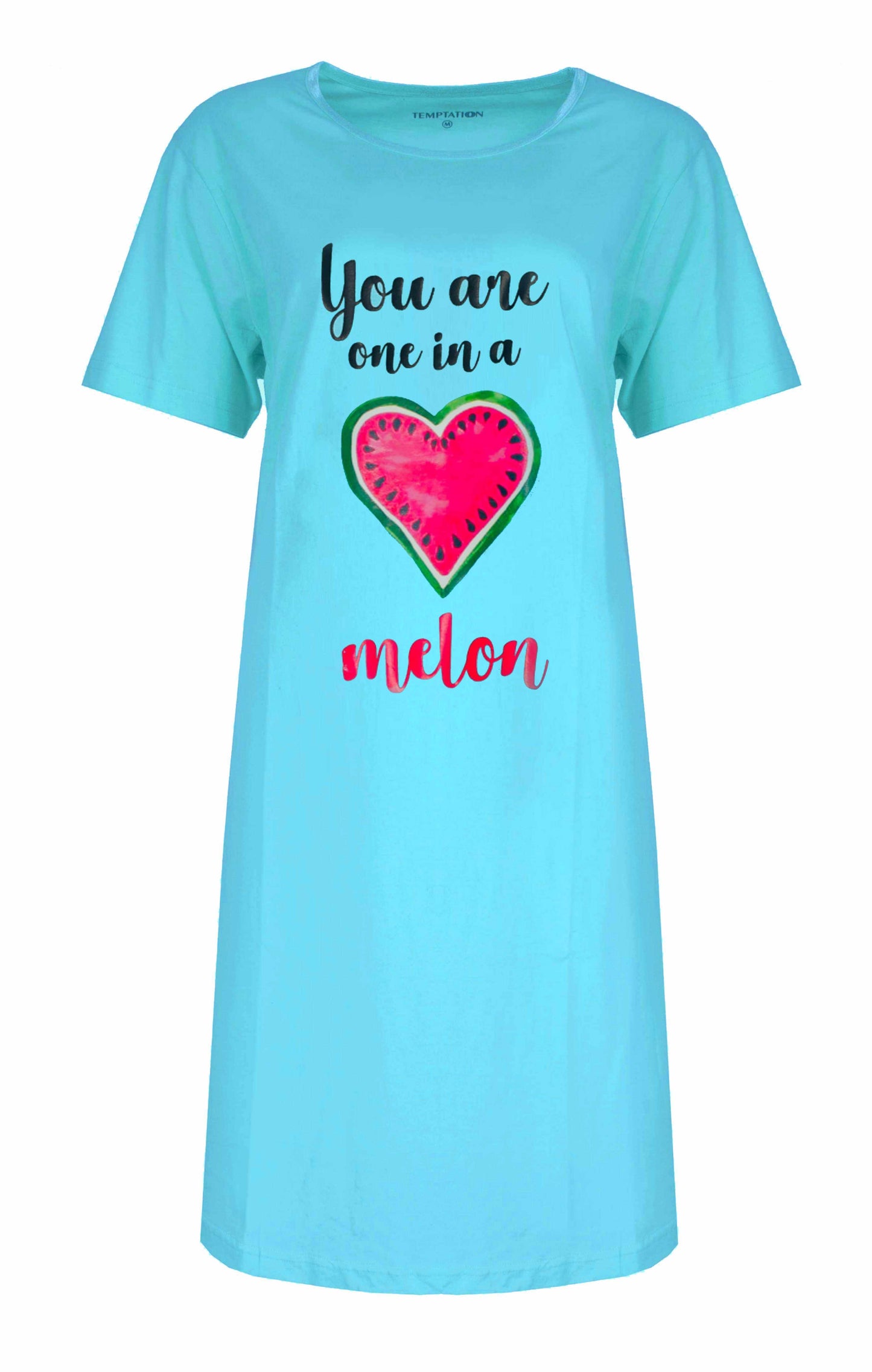 Turquoise nachthemd met opdruk 'You are one in a melon' en een watermeloen hartje in roze en groen.