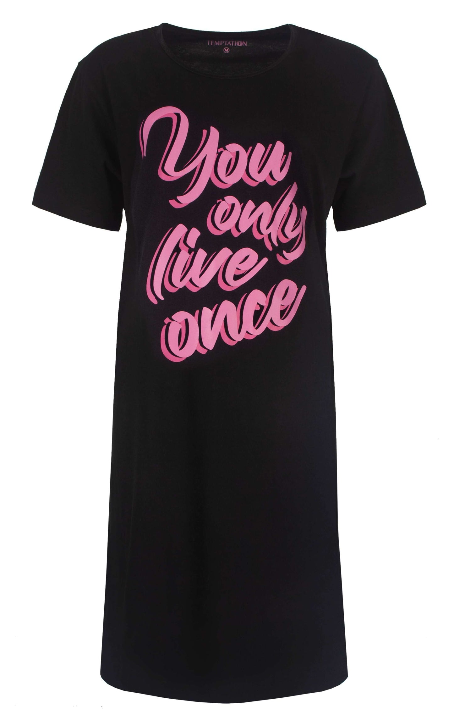 Zwart nachthemd met roze opdruk 'You only live once'. Korte mouwen en ronde hals, merk Temptation.