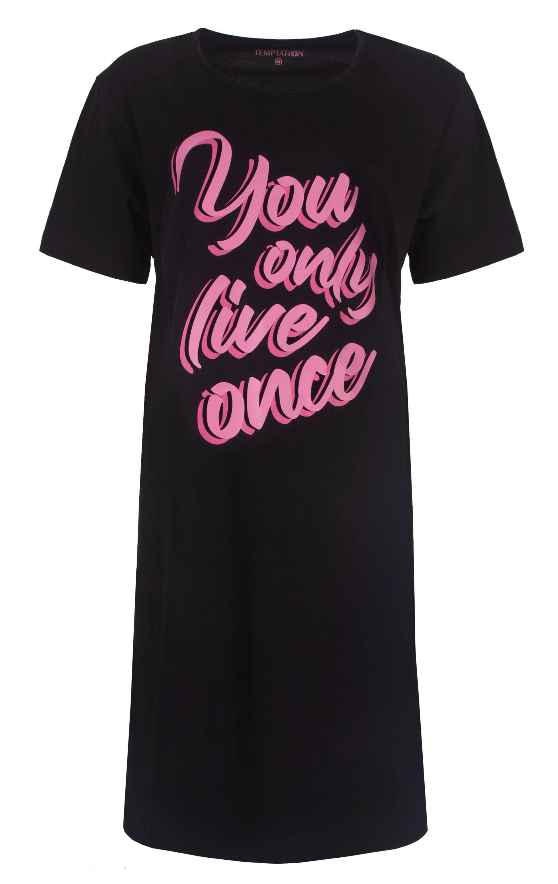 Zwart nachthemd met roze opdruk 'You only live once'. Korte mouwen en ronde hals, merk Temptation.