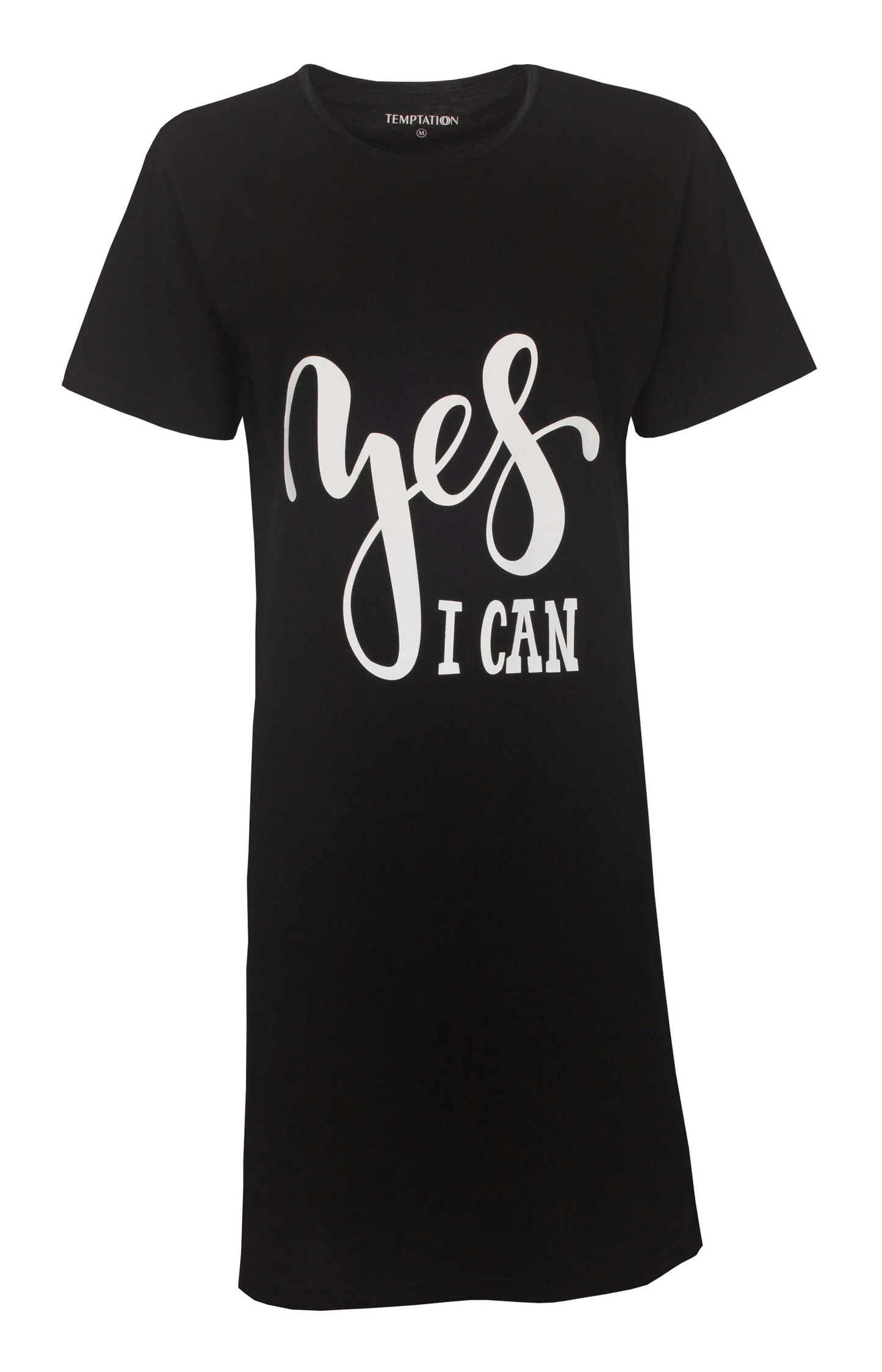 Zwart dames nachthemd met witte tekst 'yes I can' op de Lange T-shirt stijl met korte mouwen van Temptation.
