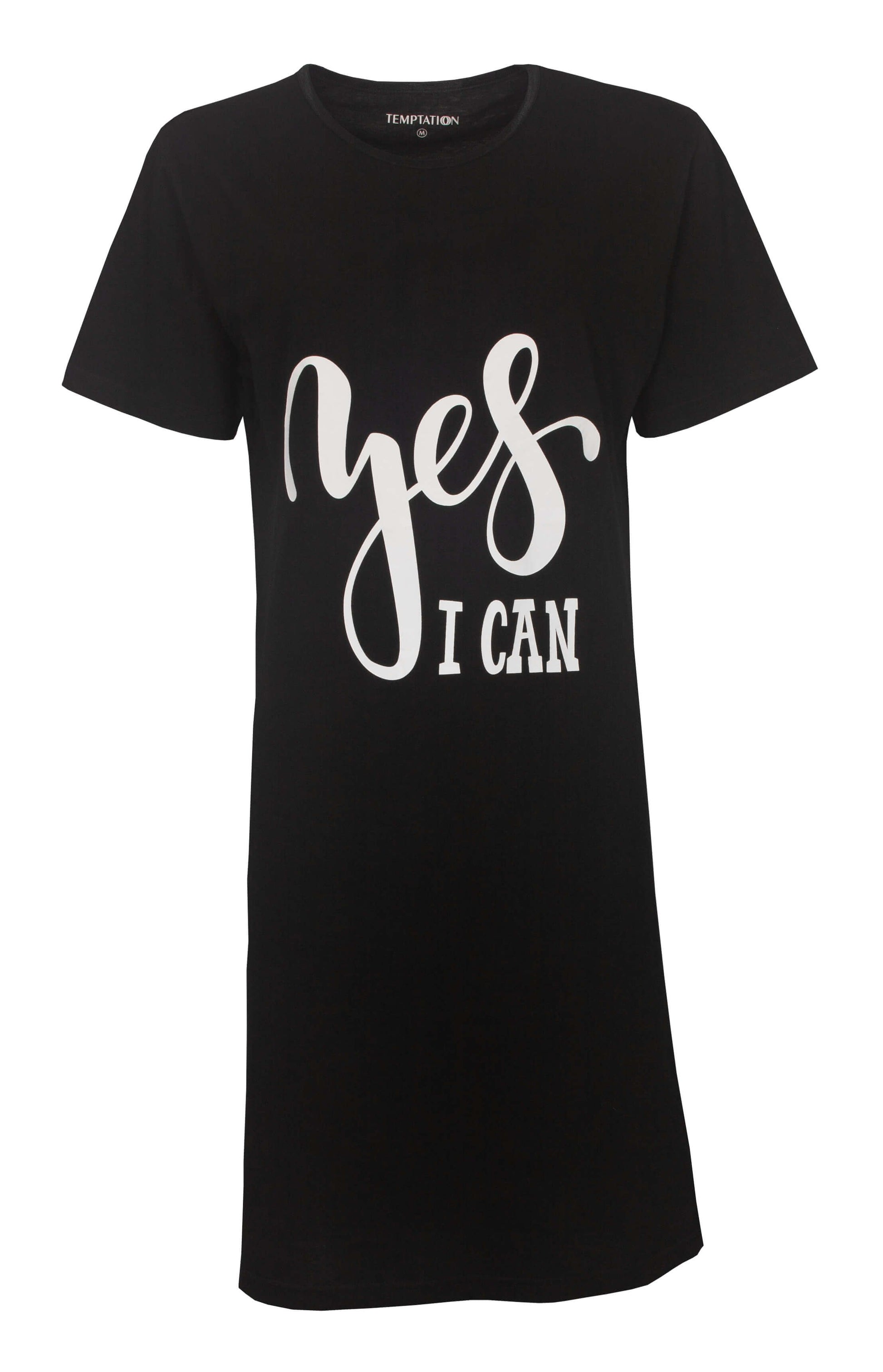 Zwart dames nachthemd met witte tekst 'yes I can' op de Lange T-shirt stijl met korte mouwen van Temptation.