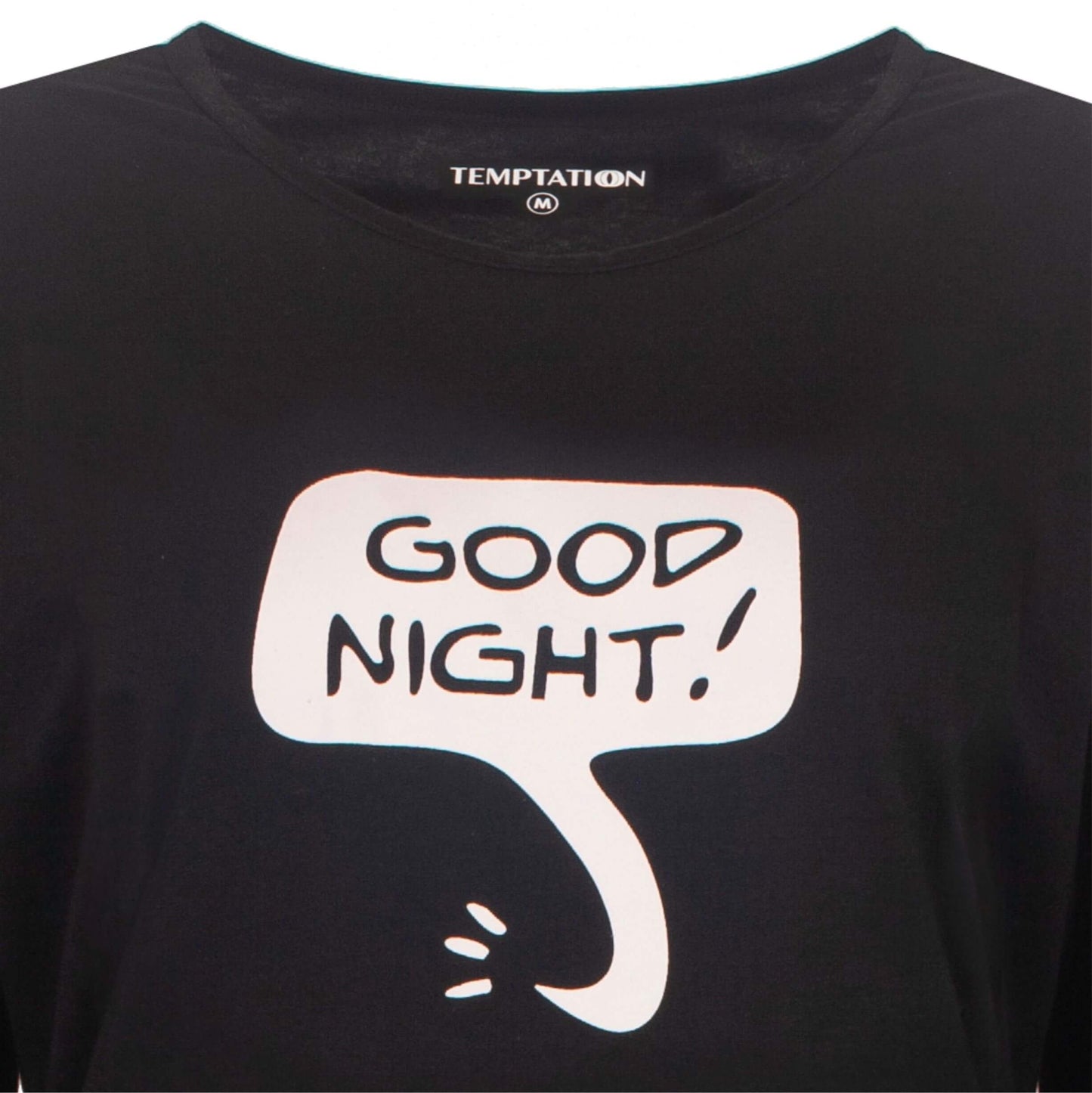 Zwart nachthemd met lange mouwen, 'Good Night!' tekst in witte tekstballon op de voorkant