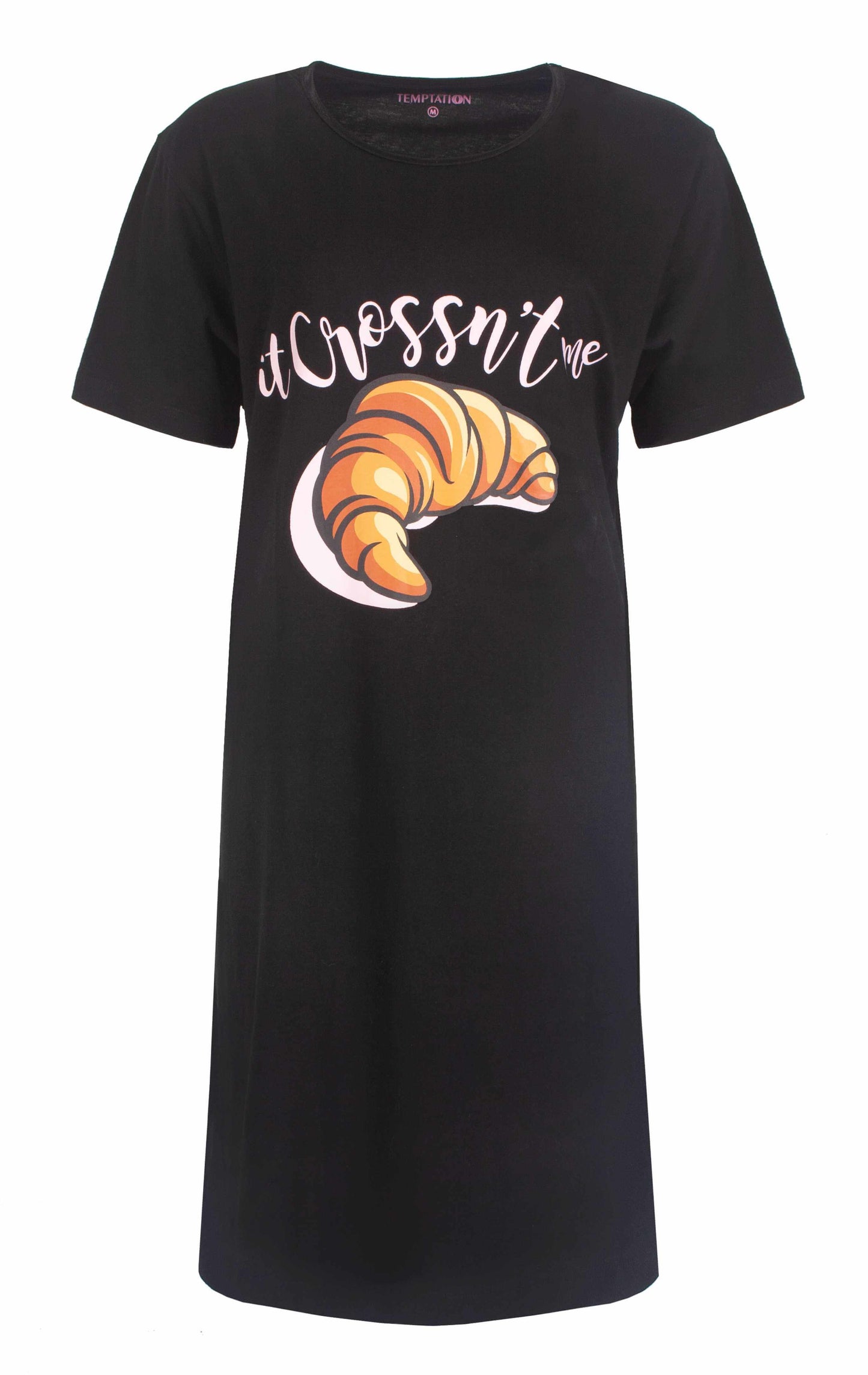 Zwart nachthemd met korte mouwen, opdruk 'it crossn't me' en afbeelding van een croissant in oranje tinten