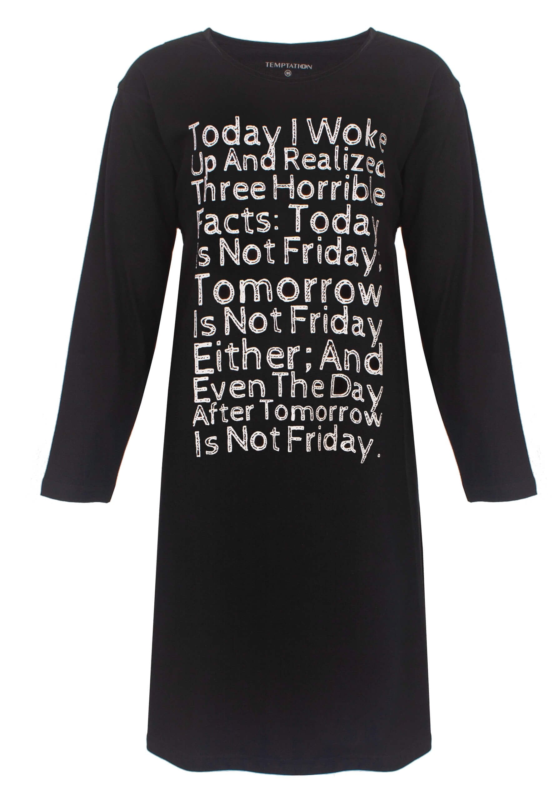Zwart nachthemd met lange mouwen en witte tekst over Friday. Ronde hals met glanzend biesje.