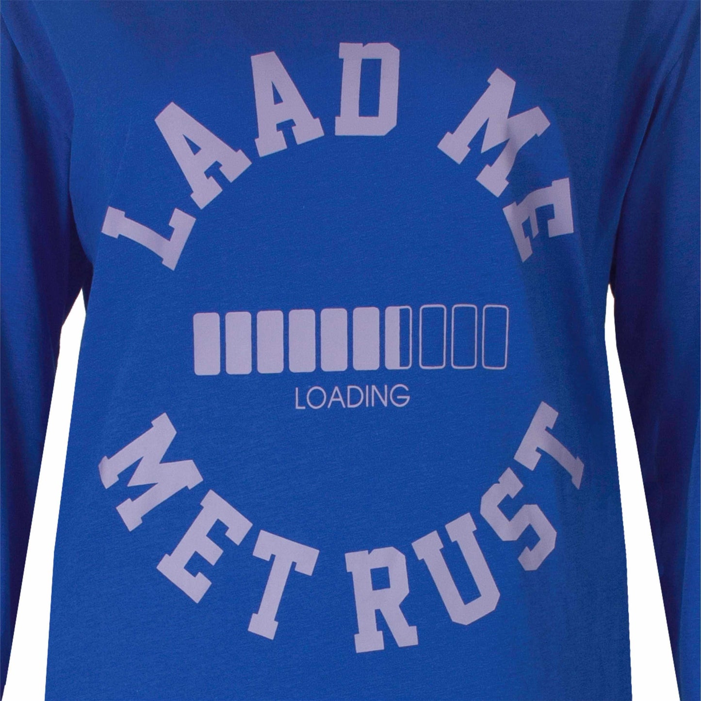 Blauw nachthemd met 'LAAD ME' tekst en laadbalje, humoristisch ontwerp voor dames