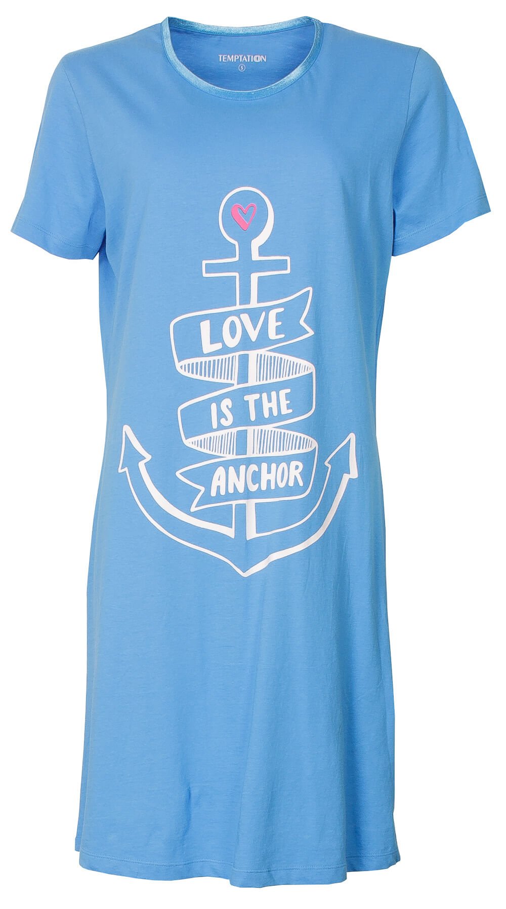 Blauw nachthemd met witte anker-print en tekst 'Love is the Anchor'. Korte mouwen en ronde hals.