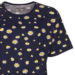 Blauw nachthemd met korte mouwen en ronde hals, bedrukt met gele madeliefjes over het hele kledingstuk