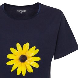 Blauw dames nachthemd met korte mouwen en een felgele zonnebloem print op de borst