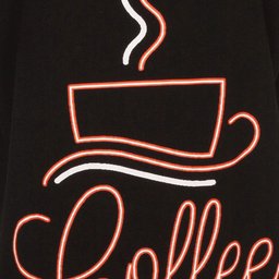 Neon rood koffiekopje en 'Coffee' tekst op zwarte achtergrond, in een minimalistische neonlicht stijl.