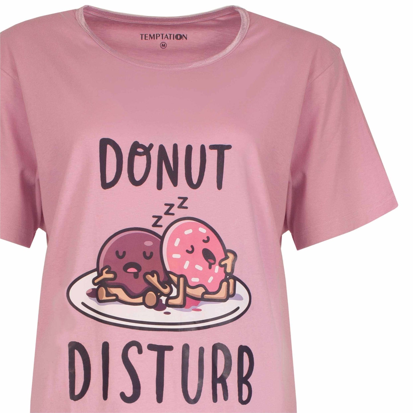 Roze nachthemd met 'Donut Disturb' opdruk, twee slapende donuts op een bord, korte mouwen