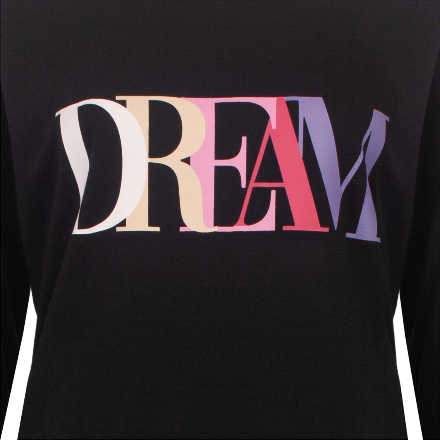 Zwart nachthemd met 'DREAM' in kleurrijke letters erop gedrukt, lange mouwen zichtbaar.