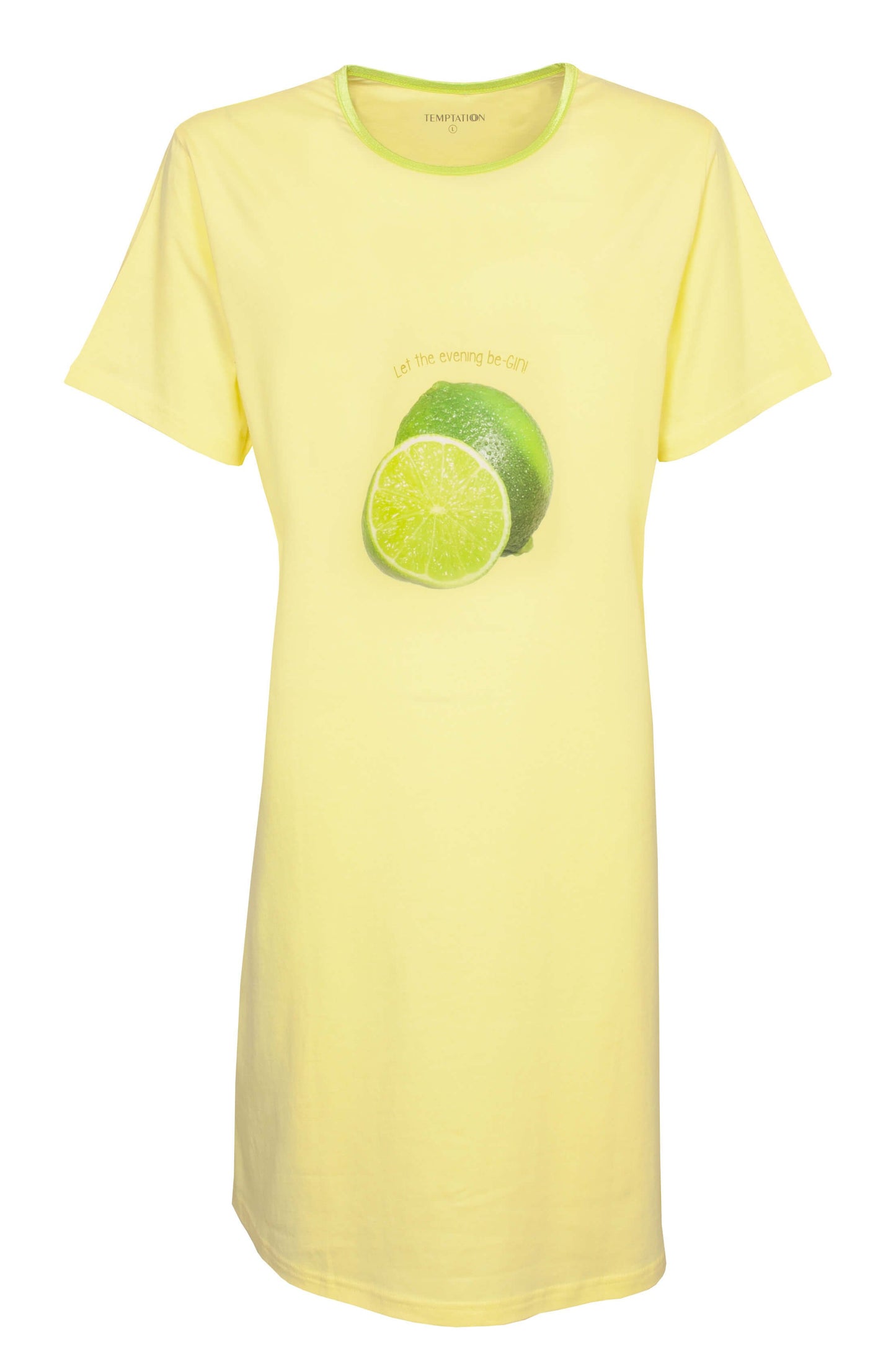 Geel nachthemd met korte mouwen en ronde hals, versierd met een limoenprint op de voorkant.