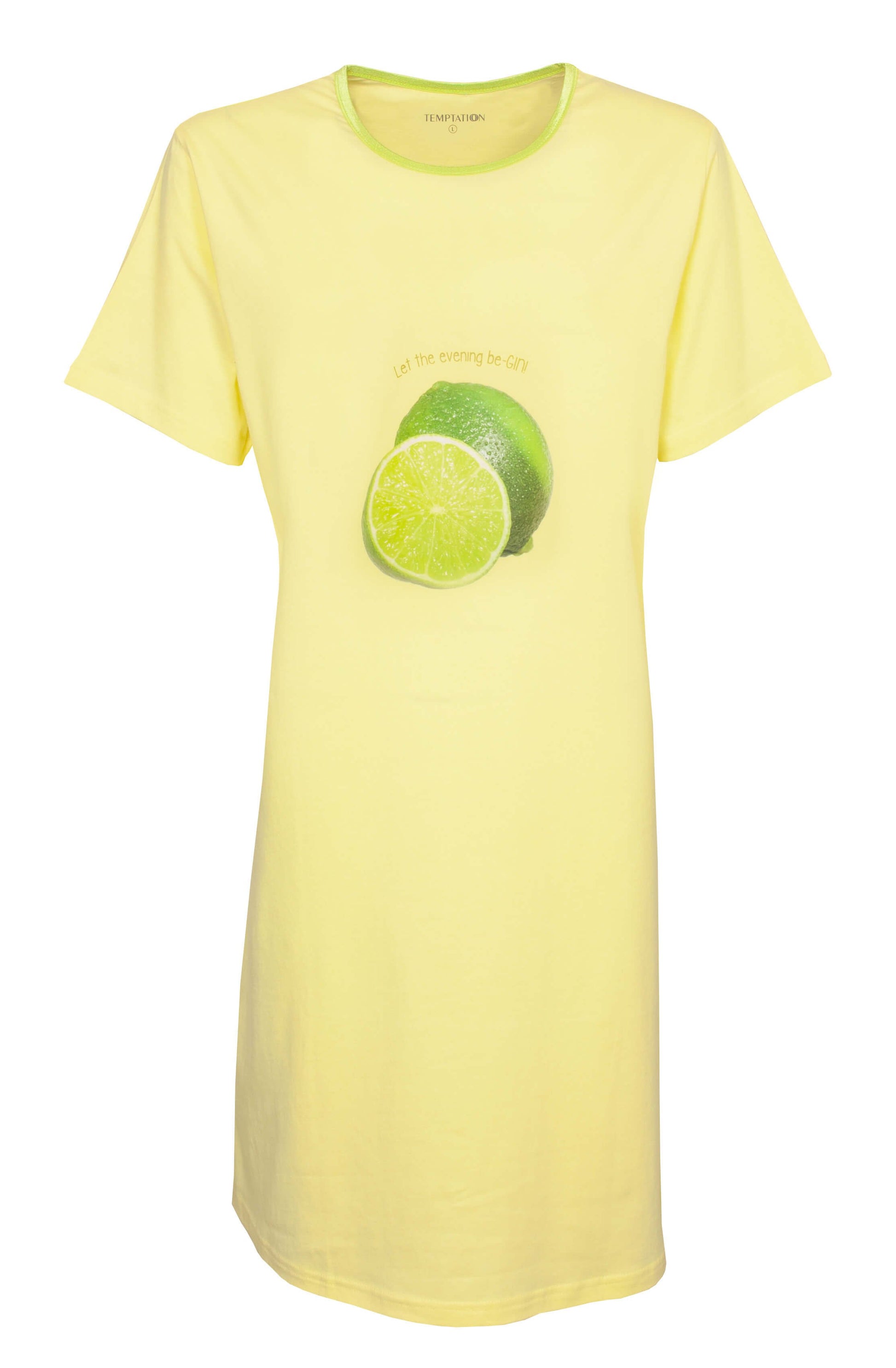 Geel nachthemd met korte mouwen en ronde hals, versierd met een limoenprint op de voorkant.