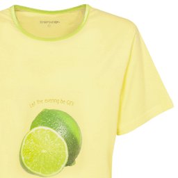 Geel nachthemd met korte mouwen en ronde hals, versierd met een limoenprint op de voorkant.