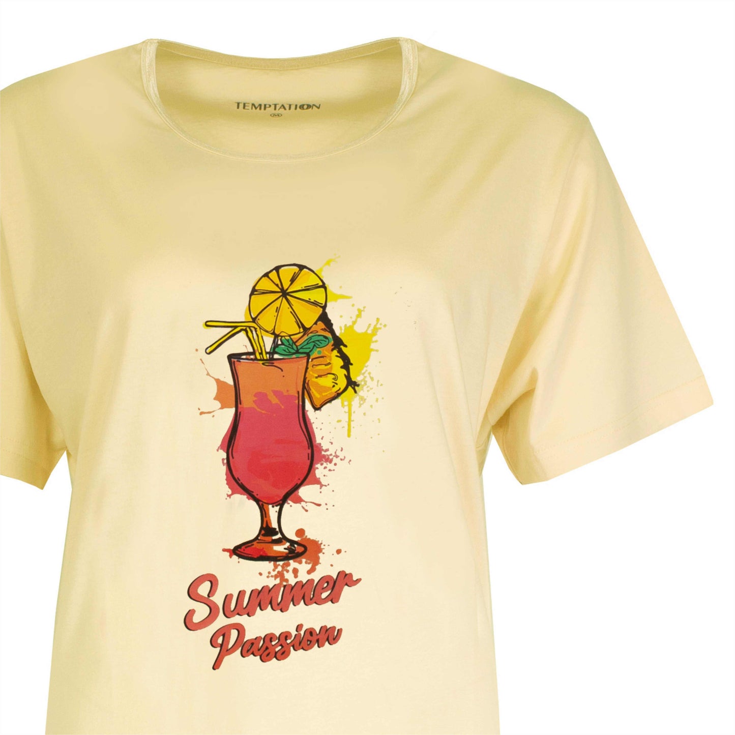 Geel nachthemd met korte mouwen, bedrukt met een zomerse cocktail en de tekst 'Summer Passion'