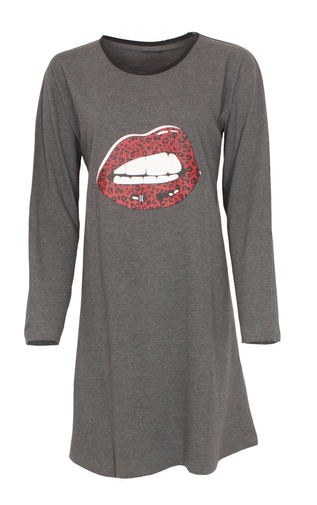 Grijs nachthemd met lange mouwen en ronde hals, versierd met een grote rode lippenprint met luipaardmotief.