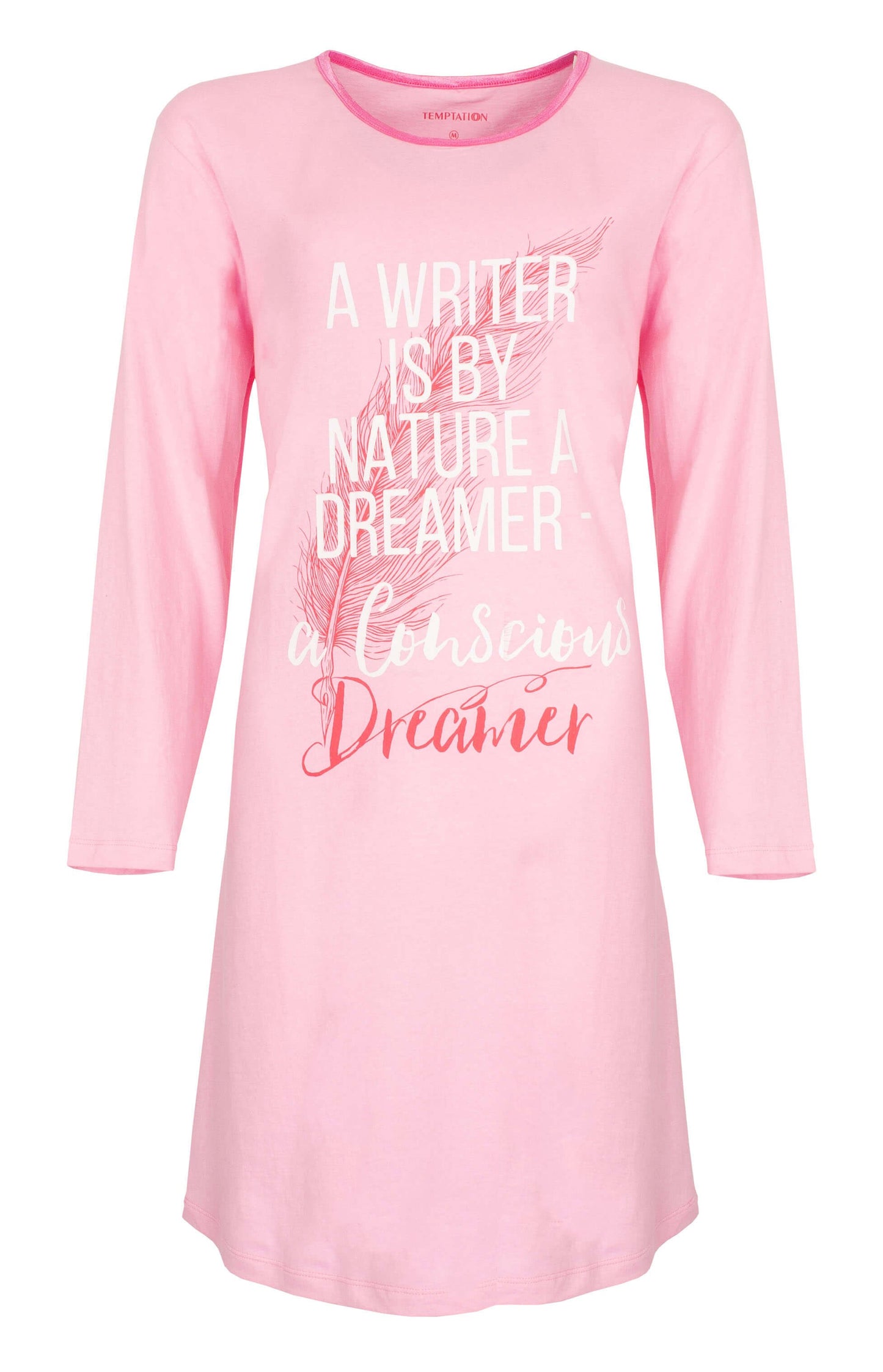 Lichtroze nachthemd met lange mouwen, opdruk 'A writer is by nature a dreamer' en veerillustatie