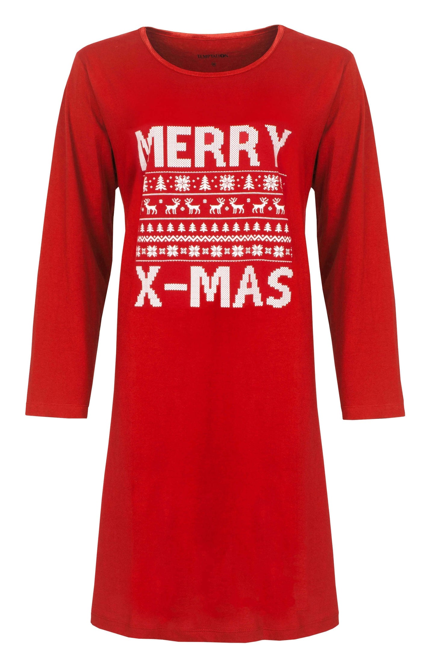 Rood nachthemd met lange mouwen en 'Merry X-mas' print, versierd met kerstbomen en rendieren in wit