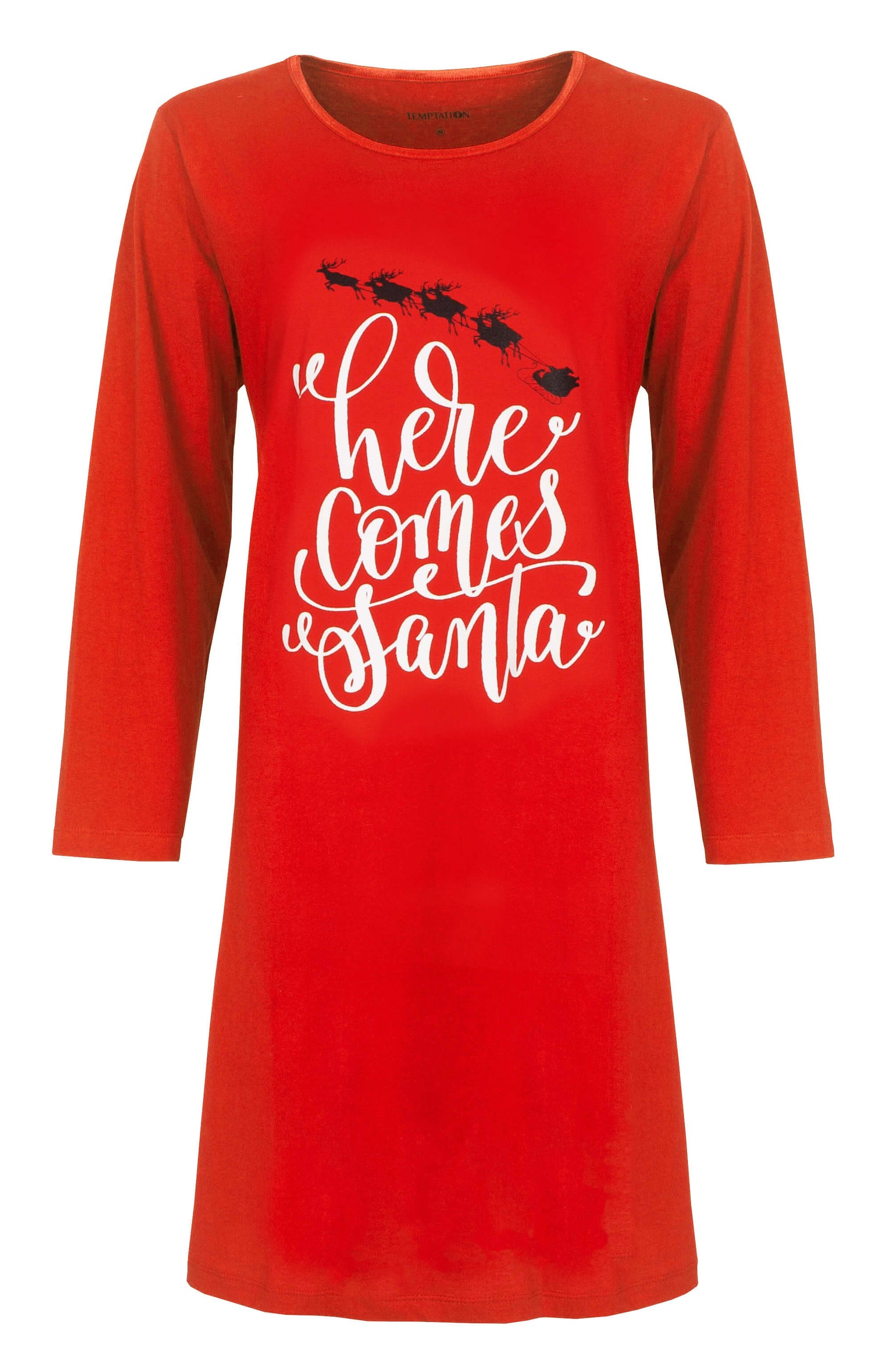 Rood nachthemd met lange mouwen en witte tekst 'Here comes Santa' en silhouet van arreslee