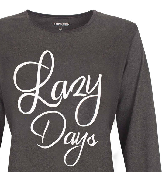 Donkergrijs dames bigshirt metthemd met lange mouwen en 'Lazy Days' in witte letters op de voorkant