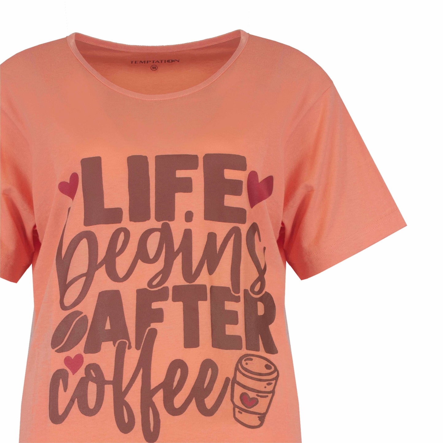 Poeder roze nachthemd met korte mouwen en opdruk 'Life begins after coffee' met hartjes en koffiekopje