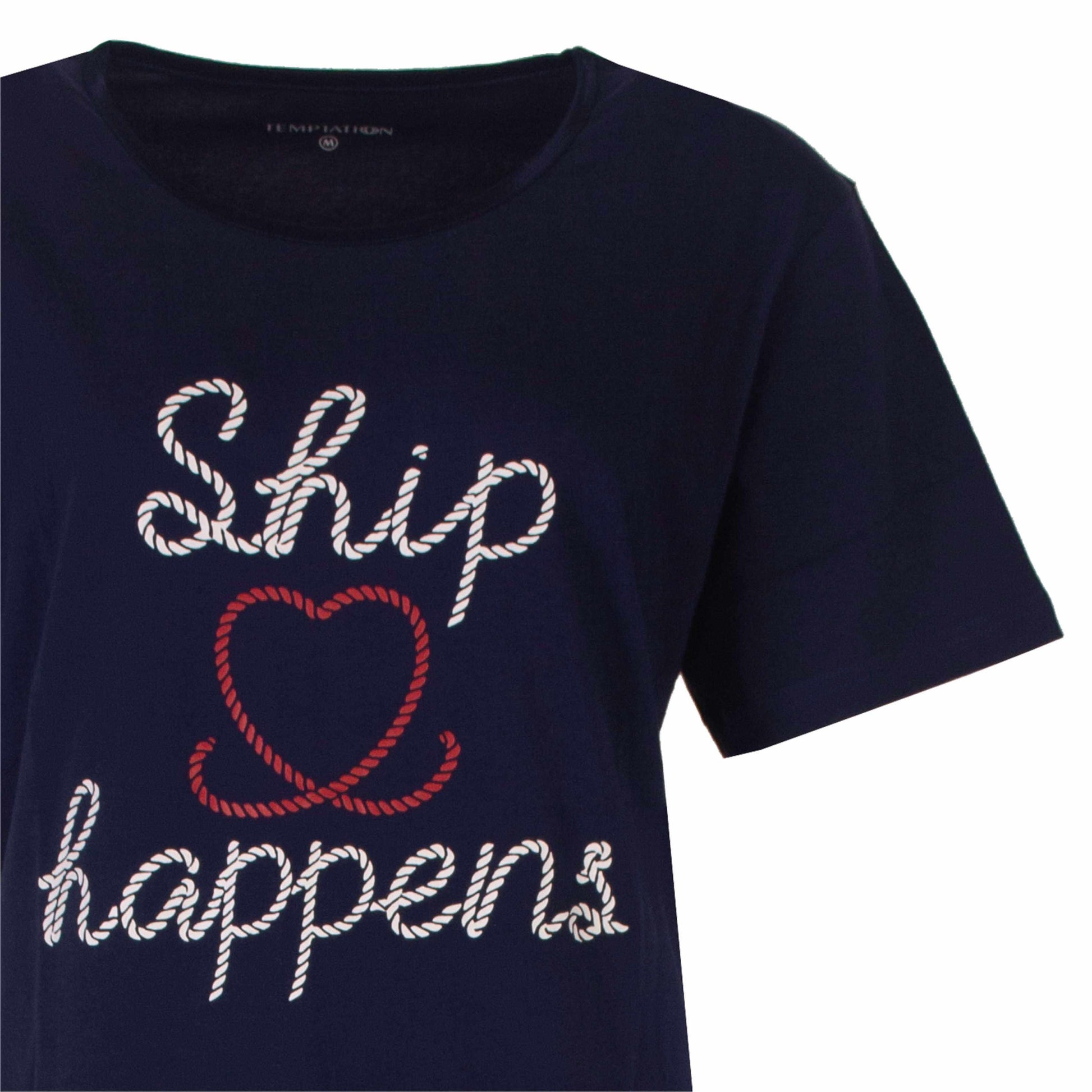 Donkerblauw nachthemd met 'Ship happens' in witte touwletters en een rood touwhart op de voorkant