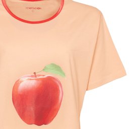 Oranje nachthemd met grote rode appelronde hals met satijnen bies, korte mouwen en lengte van 95 cm.