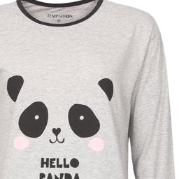 Grijs dlange mouwen en ronde hals, versierd met een schattige panda gezicht print en 'Hello Panda' tekst.