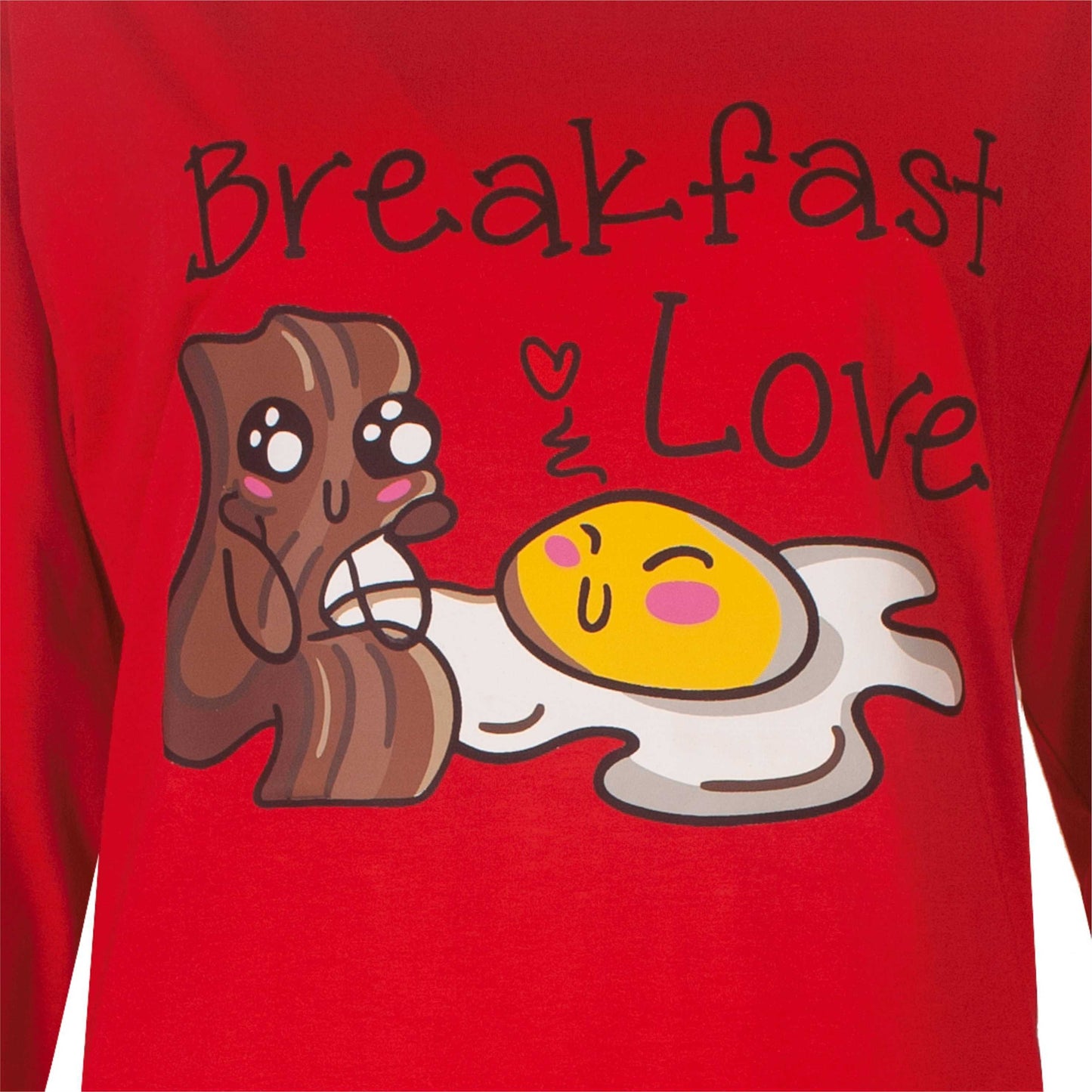 Rood nachthemd met grappige ontbijt-illustratie: 'Breakfast Love' met cartoon bacon en ei