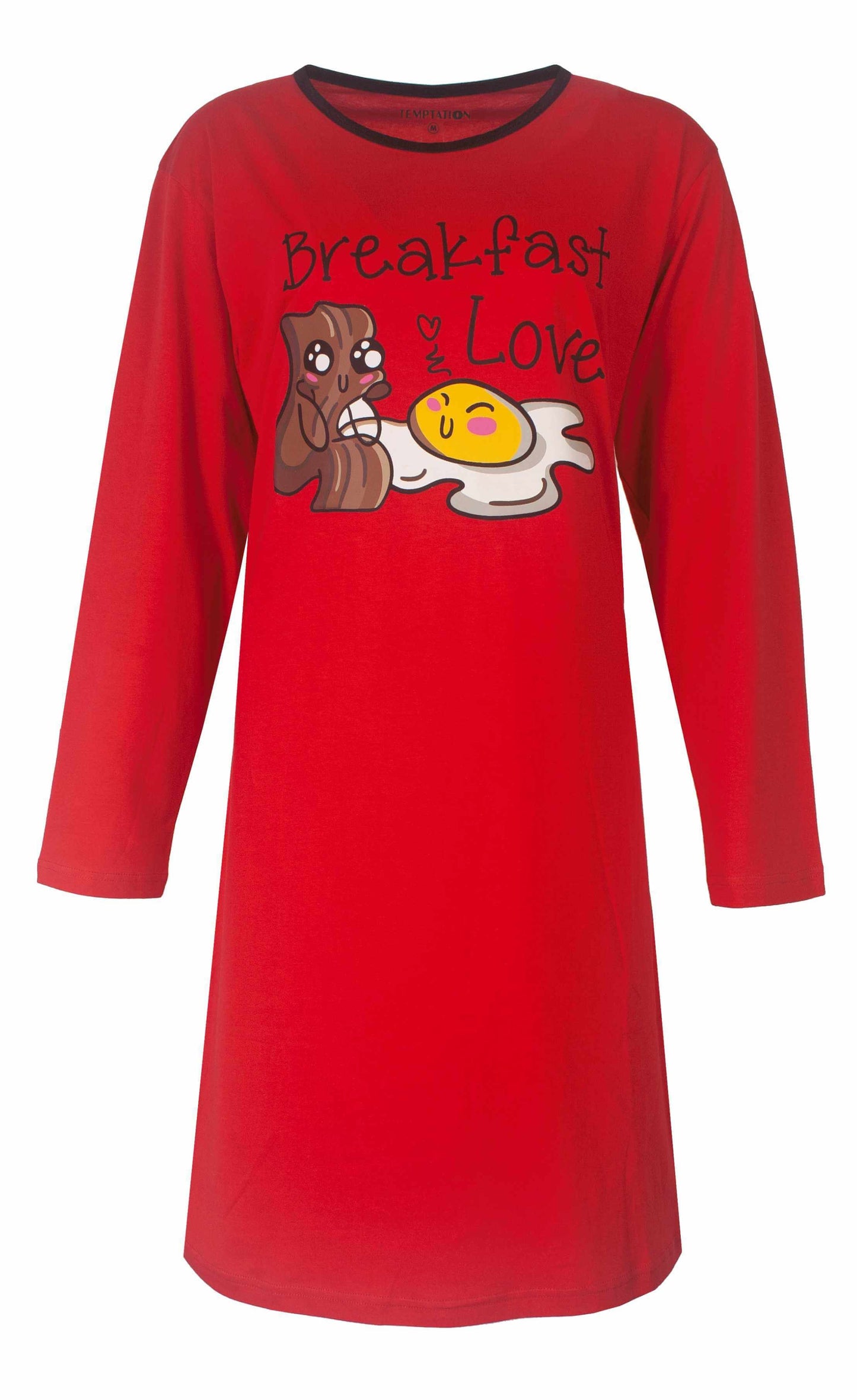 Rood nachthemd met lange mouwen, opdruk 'Breakfast Love' met cartoon bacon en ei