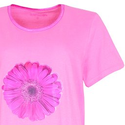 Roze nachthemd met korte mouwen en een grote roze bloem op de borst, gemaakt van katoen.