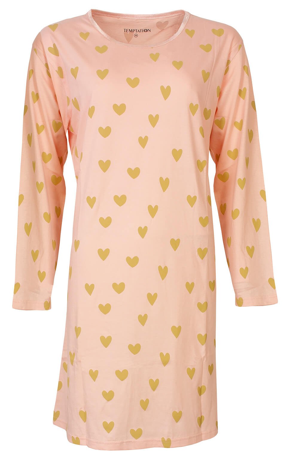 Roze nachthemd met lange mouwen, versierd met gouden hartjes patroon over het hele kledingstuk