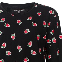 Zwart dmet patroon van kleine rode aardbeien, lange mouwen en ronde hals met zwarte bies.